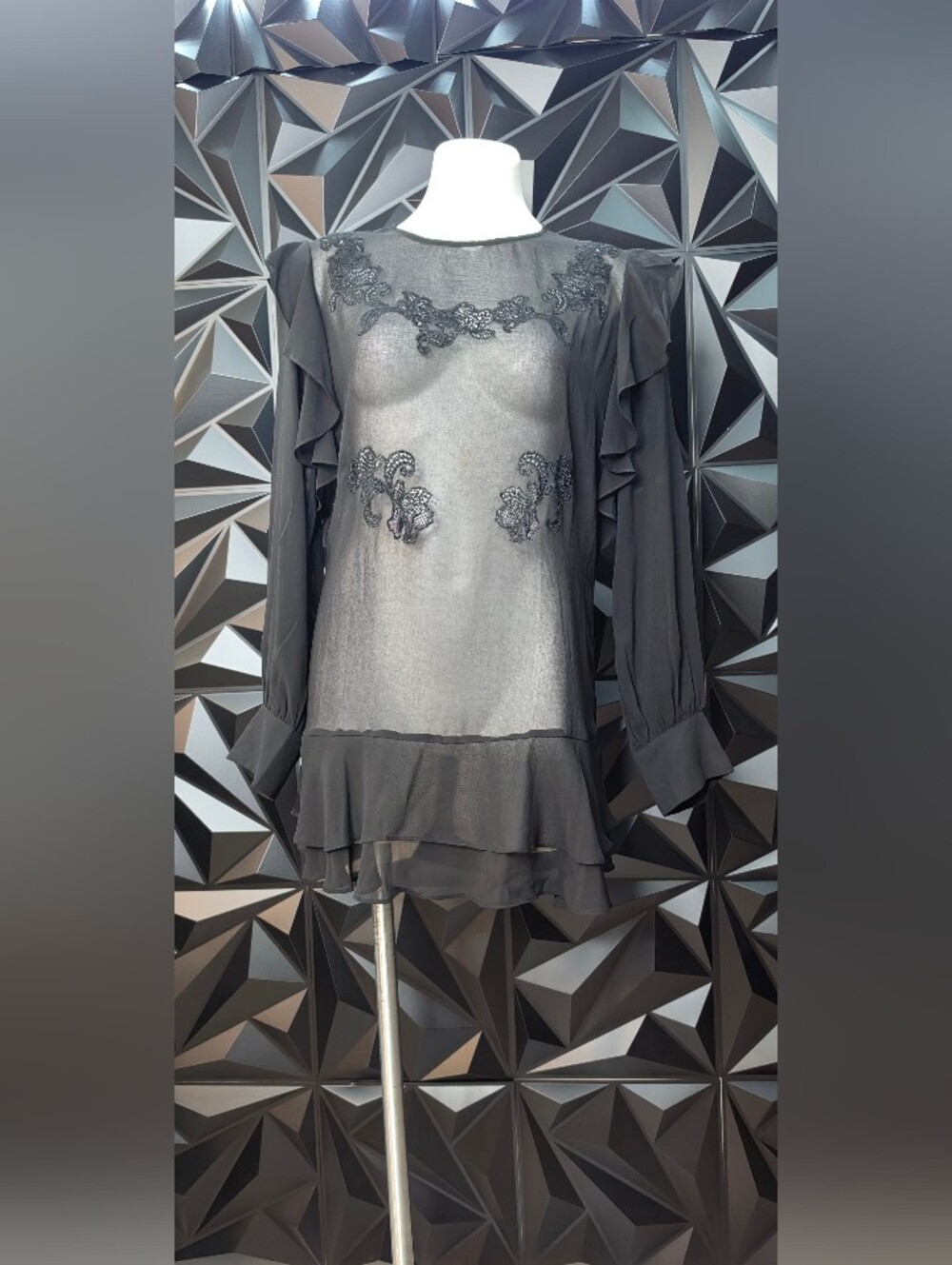 White House Black Market Black Sheer Embroidered Ruffle Top